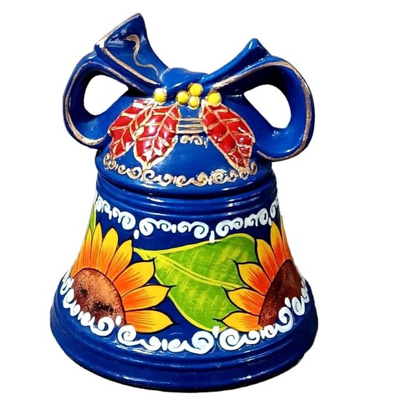 Cobalt Blue Mexican Talavera Sunflowe Bell Pottery Kitchen Canister Cookie Jar - Picture 4 of 8